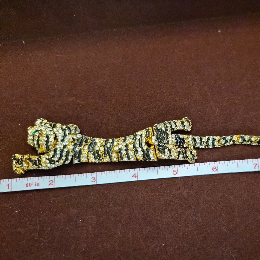 Vintage Articulated Rhinestone Tiger Bracelet Green Eyes Gold Tone 7.5”